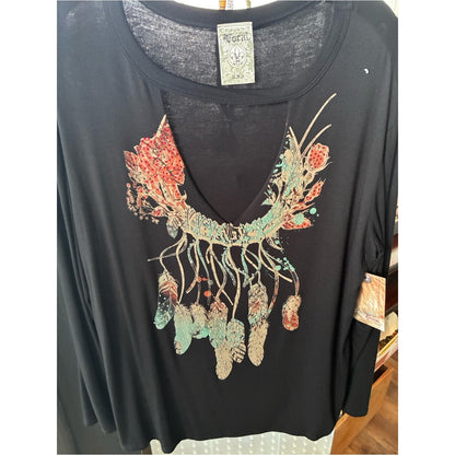 Vocal Black Long-Sleeve V-Neck Top with Teal and Coral Feather Graphic