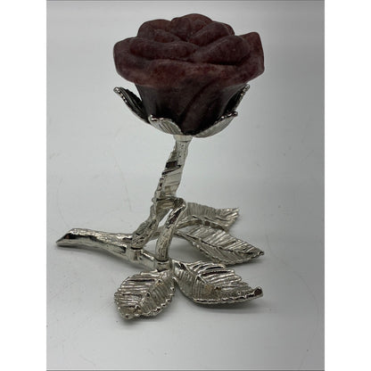 Carved Rose Sculpture on Silver-Tone Leaf Stem - Deep Mahogany Rock