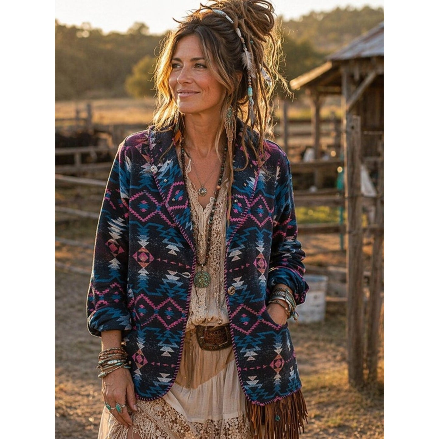 Aztec Patterned Blazer - Pink and Blue