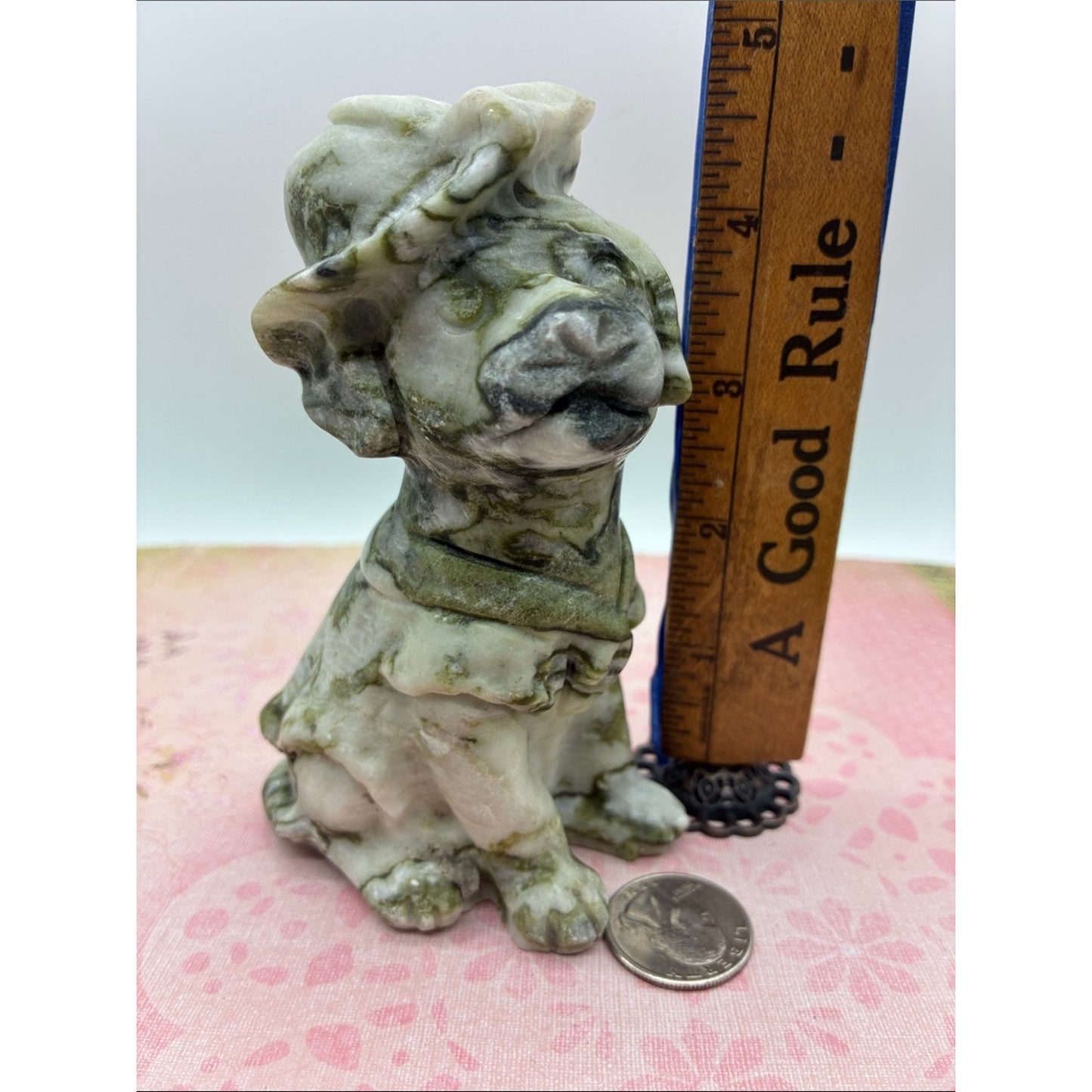 Marbled Green and White Jade Sitting Dog Figurine Rock