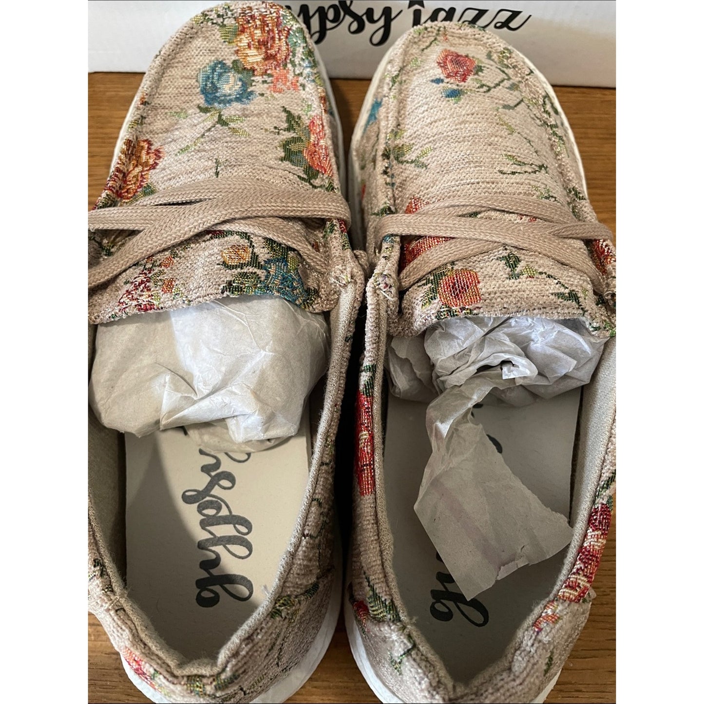 Gypsy Jazz Beige Floral Slip-On Moccasins with Blue & Red Accents