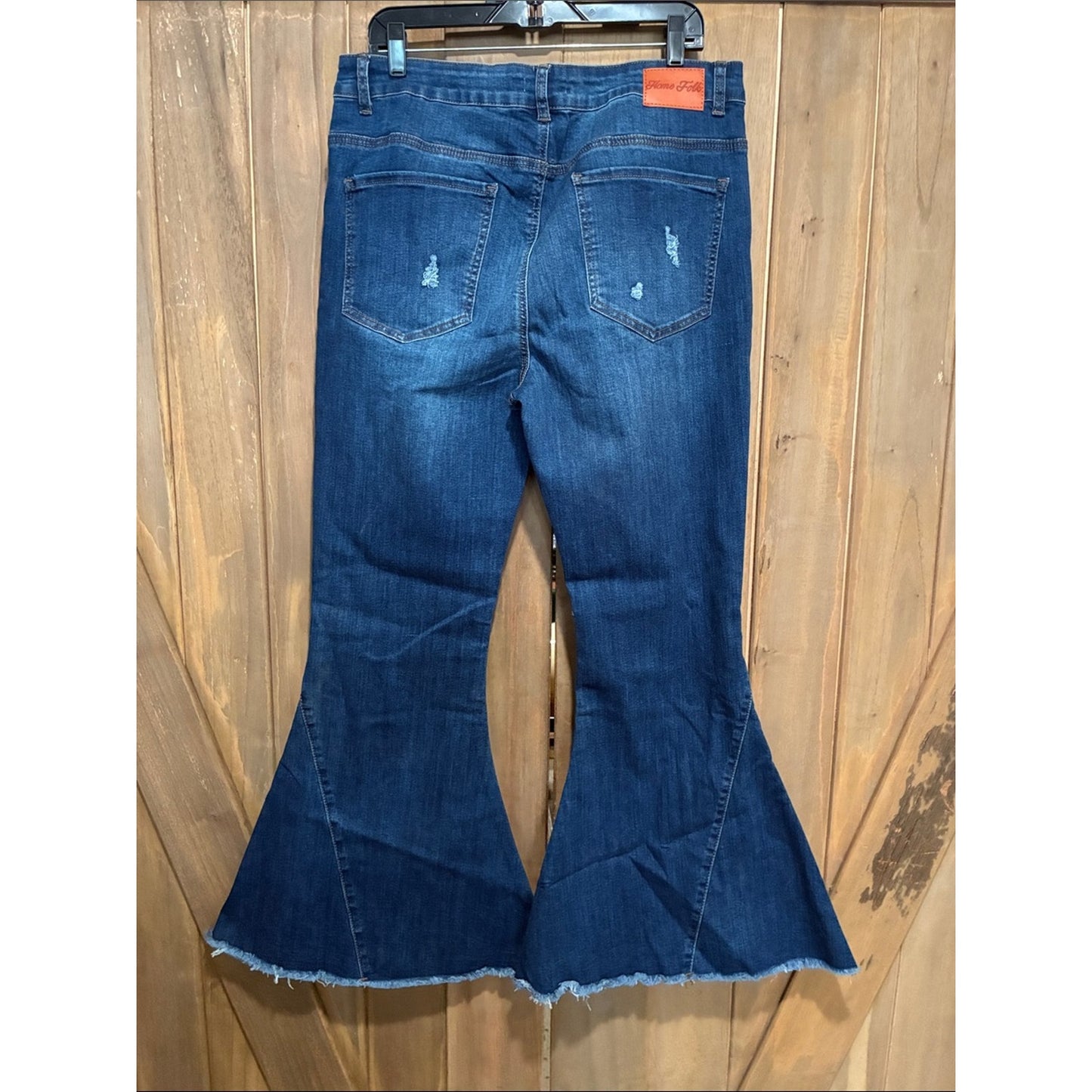 plus size Women's Dark Blue Distressed Bell Bottom Jeans