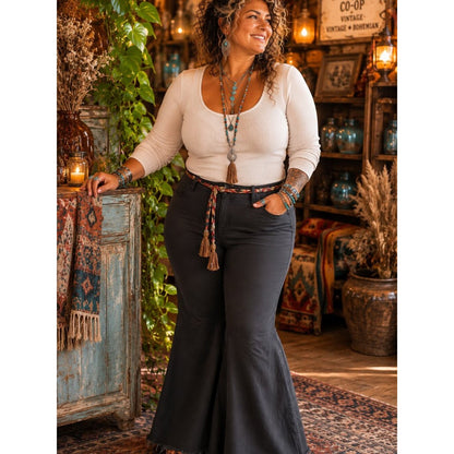 Plus size Home Folk Grey-Brown Flare Jeans with Frayed Hem