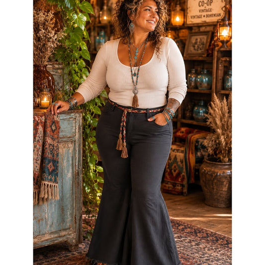 Plus size Home Folk Grey-Brown Flare Jeans with Frayed Hem