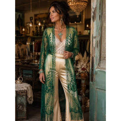 Sheer Embroidered Green Fringe Tunic