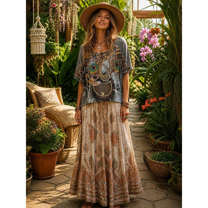 Mary McFadden Black Tunic with Gold and Orange Baroque Scrolls Peacock Feathers