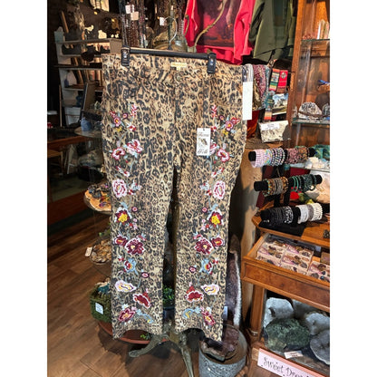 Women’s Leopard Print Boot Cut Jeans with Floral Embroidery - Khaki