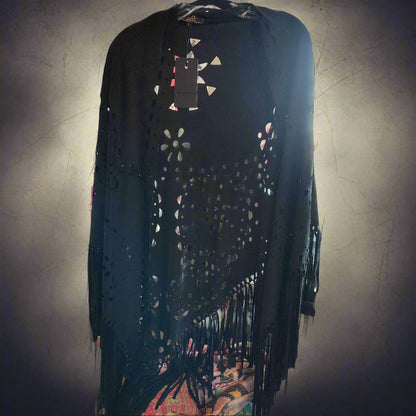 Faux Suede FRINGE Cut Shawl with Geometric Cutouts