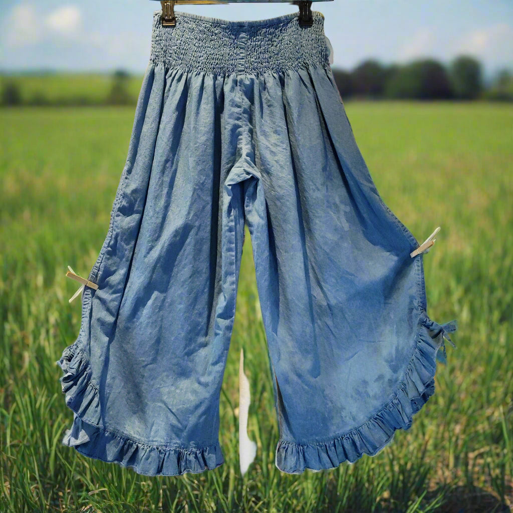 Bohemian Denim Bloomer Pants with Rose Embellishments - Unique
