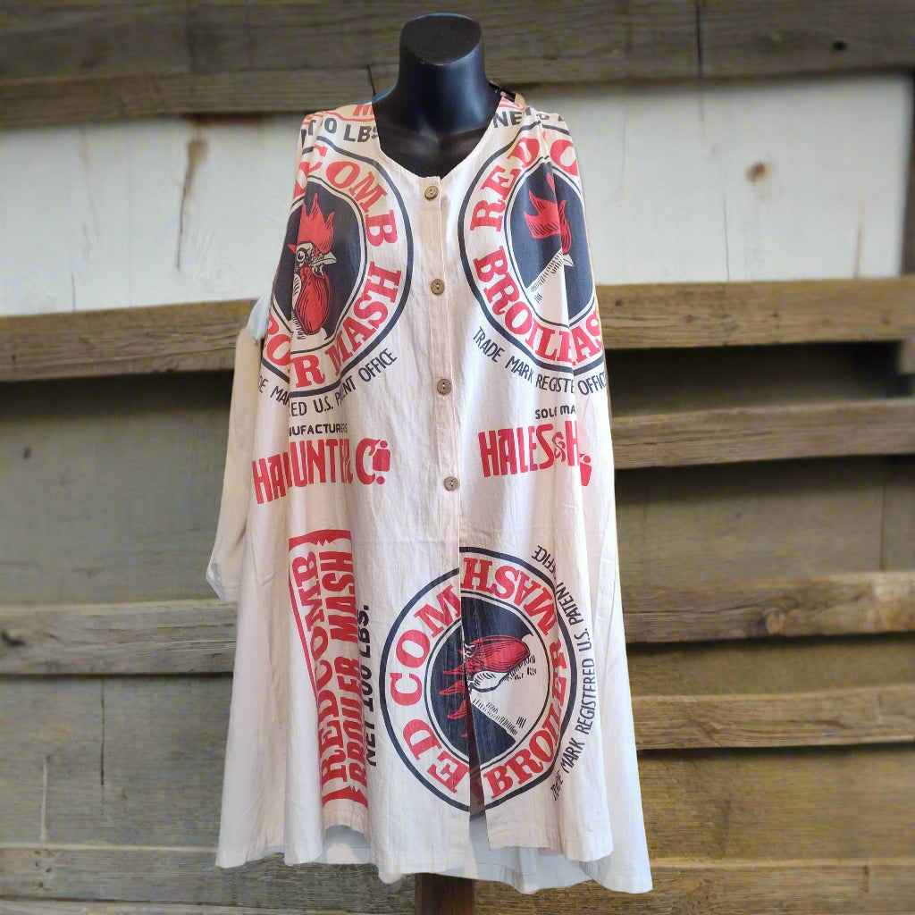 Vintage Red Broiler Mash Feed Sack Dress - Upcycled Farm Heritage