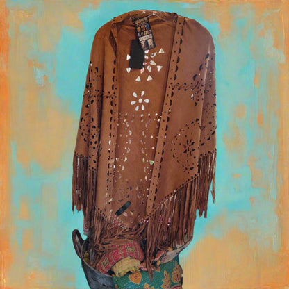 Faux Suede FRINGE Cut Shawl with Geometric Cutouts