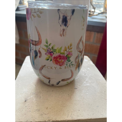 Lucky & Blessed White Floral Bull Stemless Cup