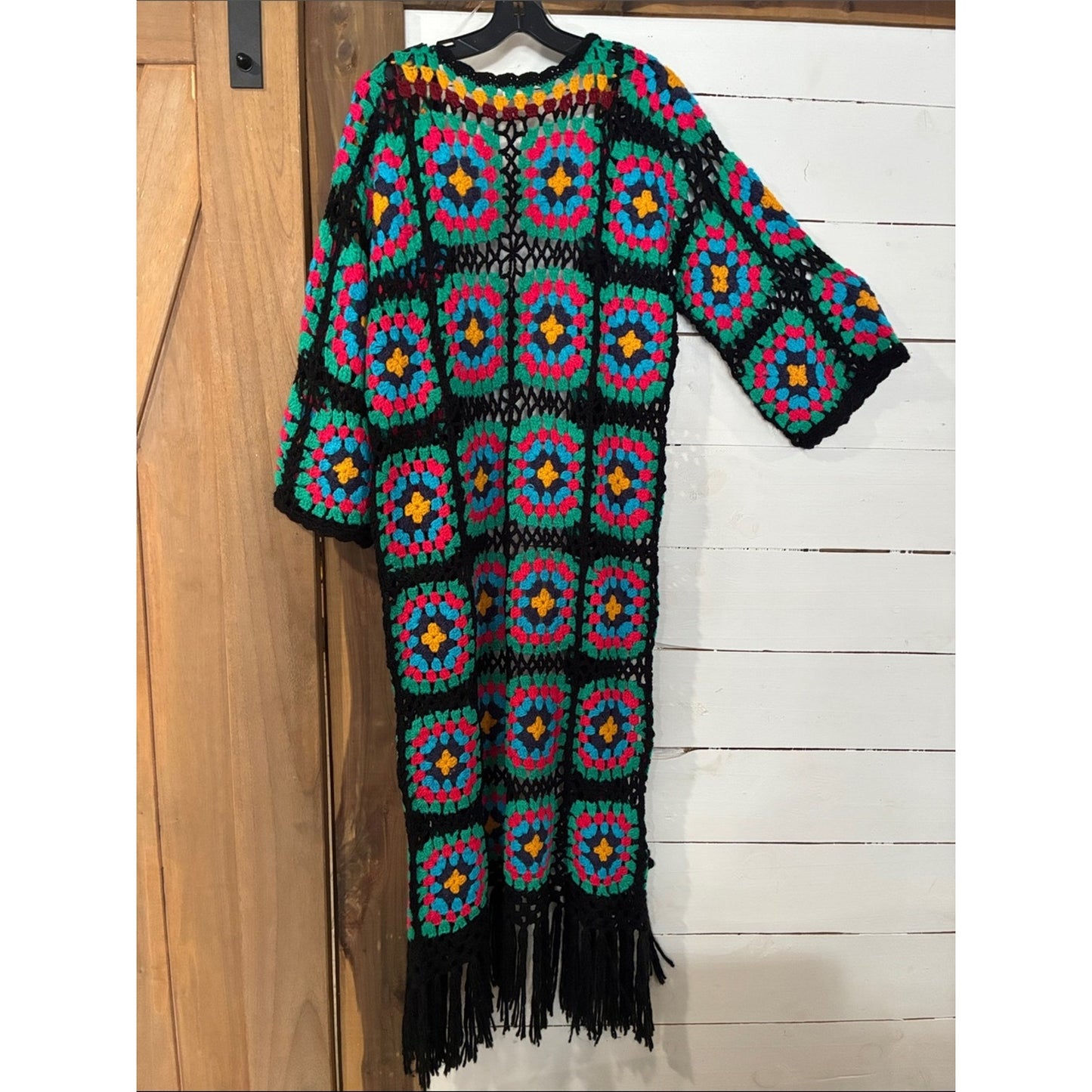 Crochet Fringe Duster - Black with Teal, Pink & Mustard