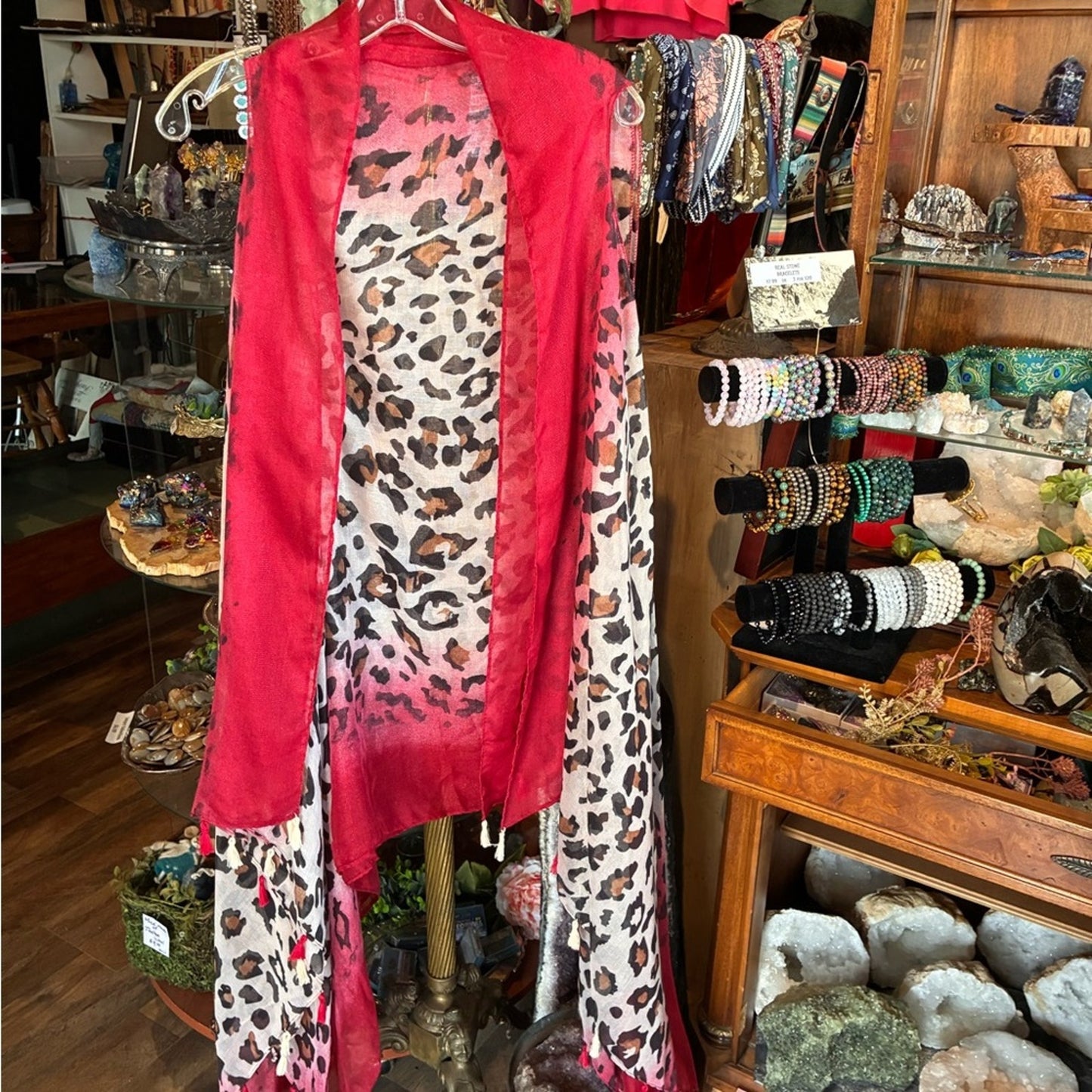 Leopard Print & Red Sheer Kimono Cardigan