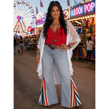 Women’s Light Blue Flared Jeans with Rainbow Hem Insets