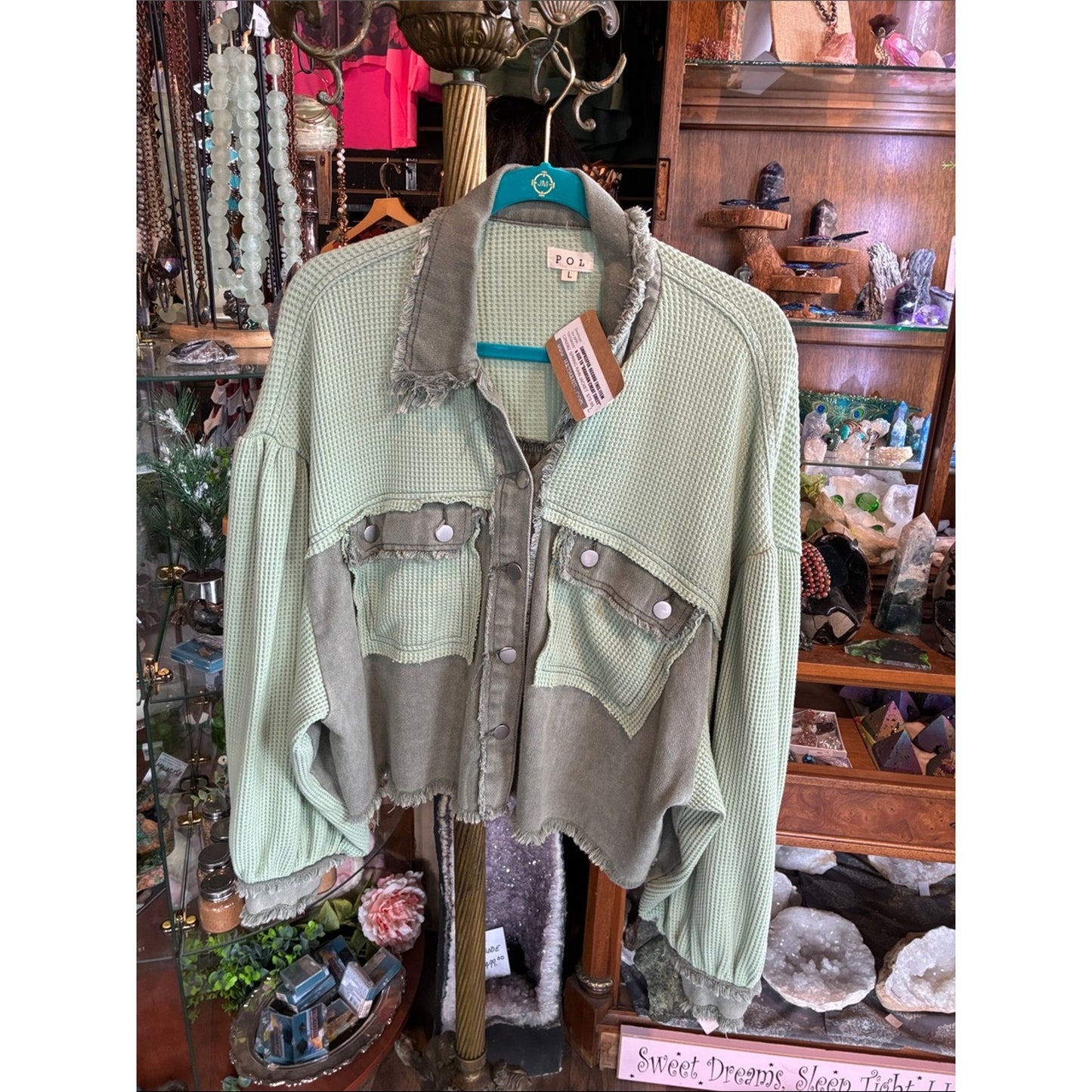 Olive Green Mixed-Texture Cropped Jacket