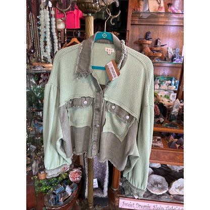 Olive Green Mixed-Texture Cropped Jacket