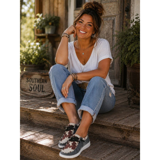 Gypsy Jazz Gray Canvas Slip-On with Brown Cowhide Print