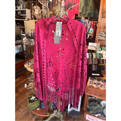 L&B Magenta Fringe Laser-Cut Poncho Sweater