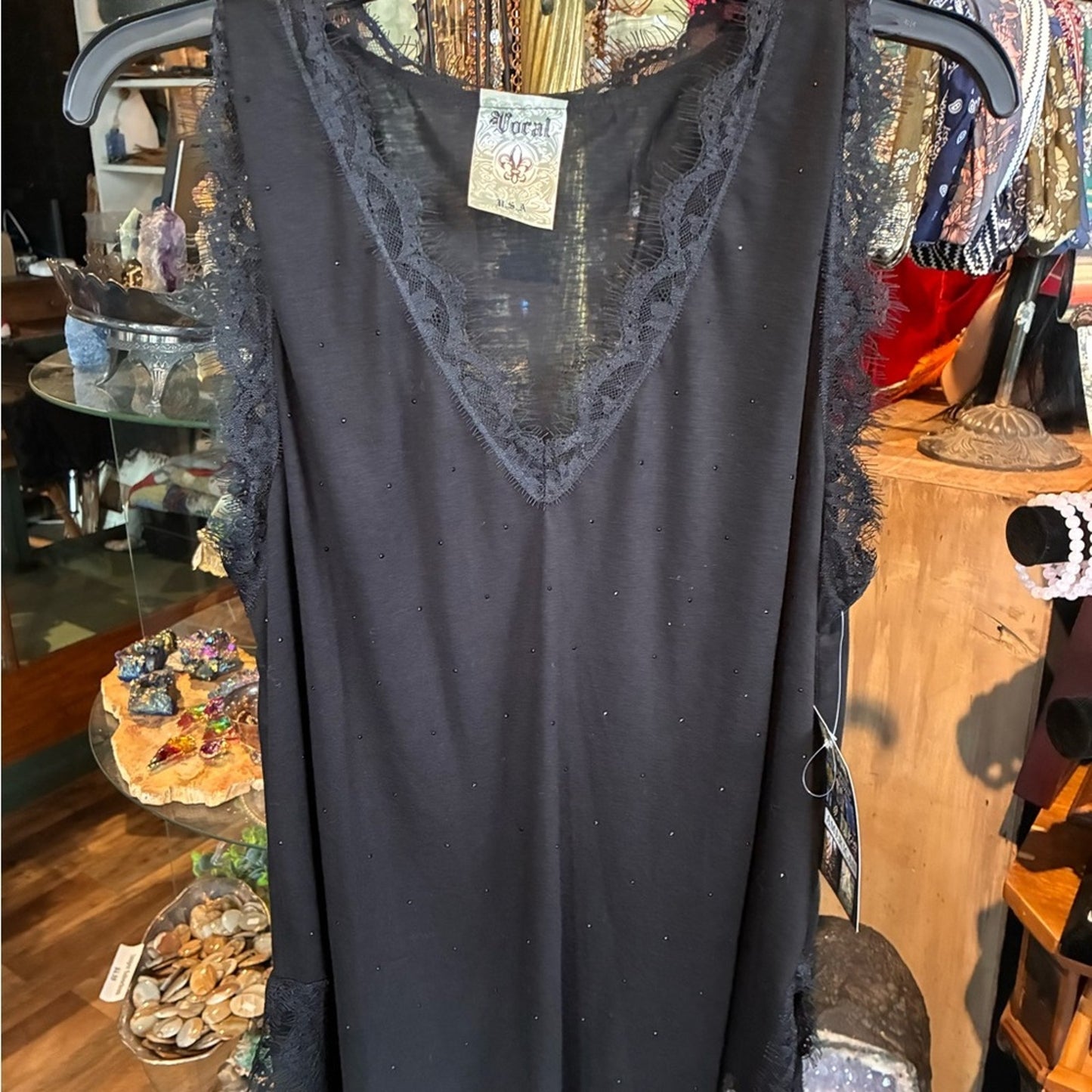 Vocal Black Lace-Trim Sleeveless Top with Sheer Detail