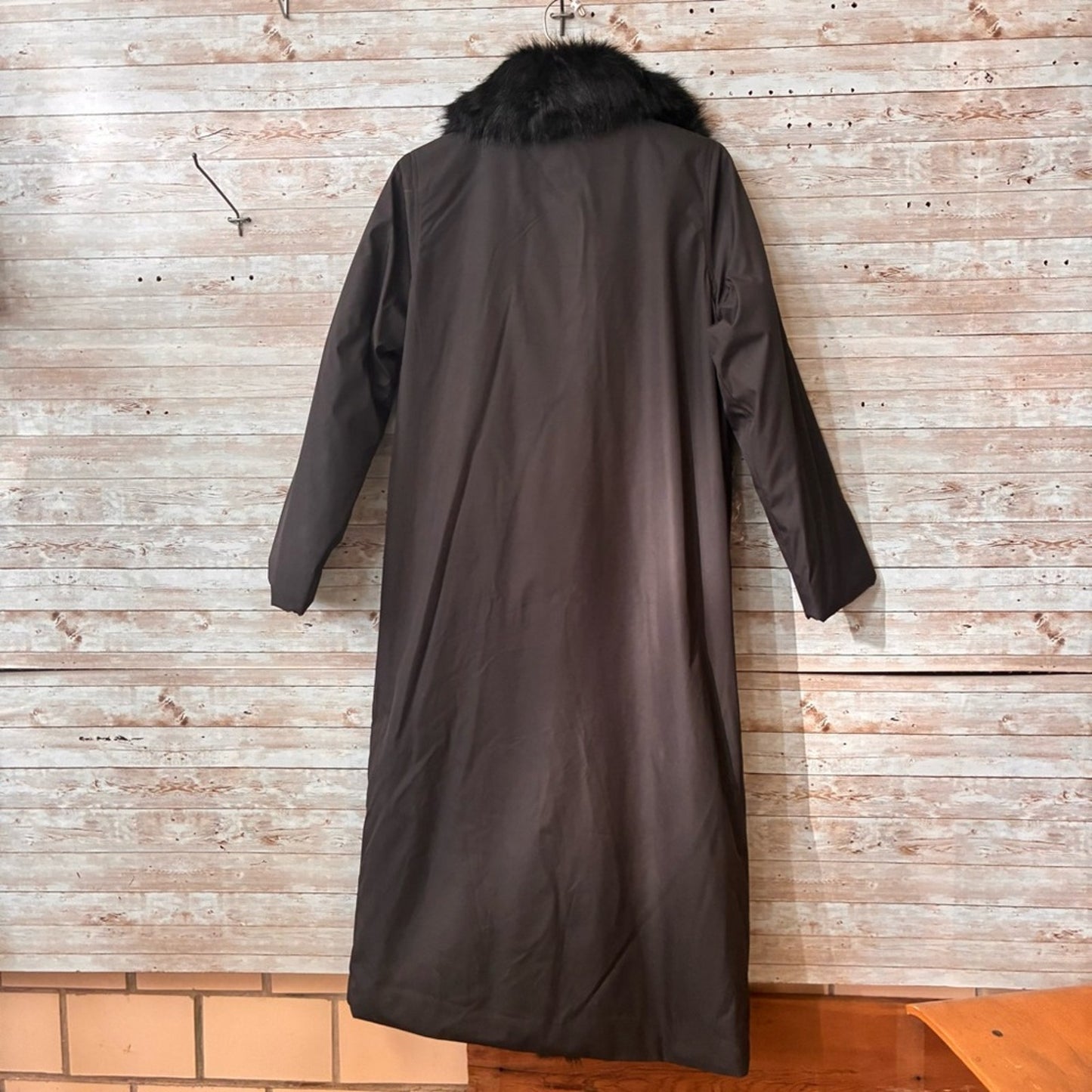dennis basso Black Long Trench Coat with Faux Fur Trim