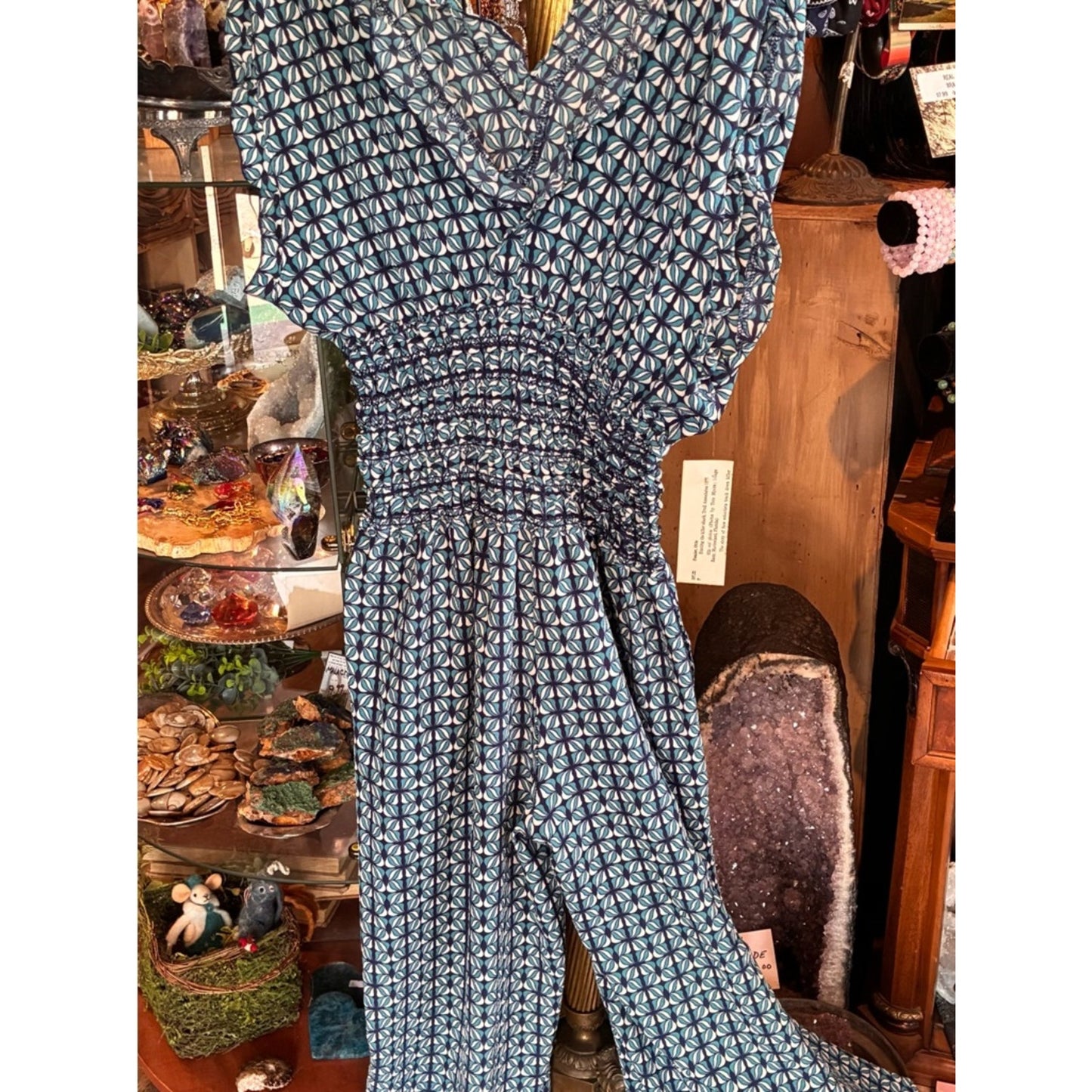 Blue Geometric Jumpsuit with Smocked Waist and pockets!