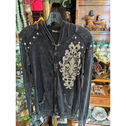 Vocal Black Washed Rhinestone & Stud Zip Hoodie