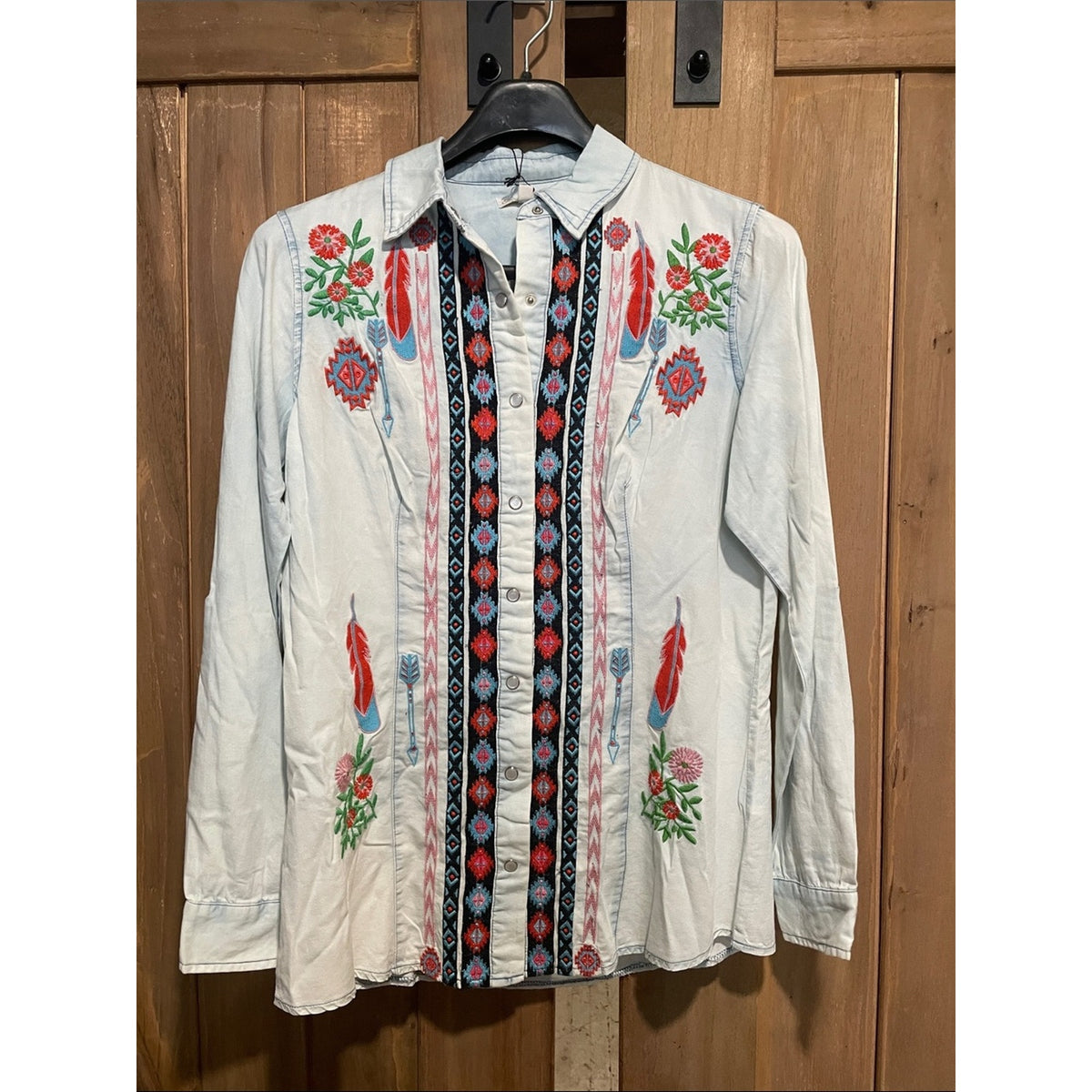 Embroidered Light Blue Button-Down Shirt with Tribal Stripe Detail