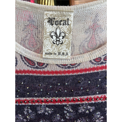 Vocal Embellished Paisley Knit Top - Cream, Red, Navy