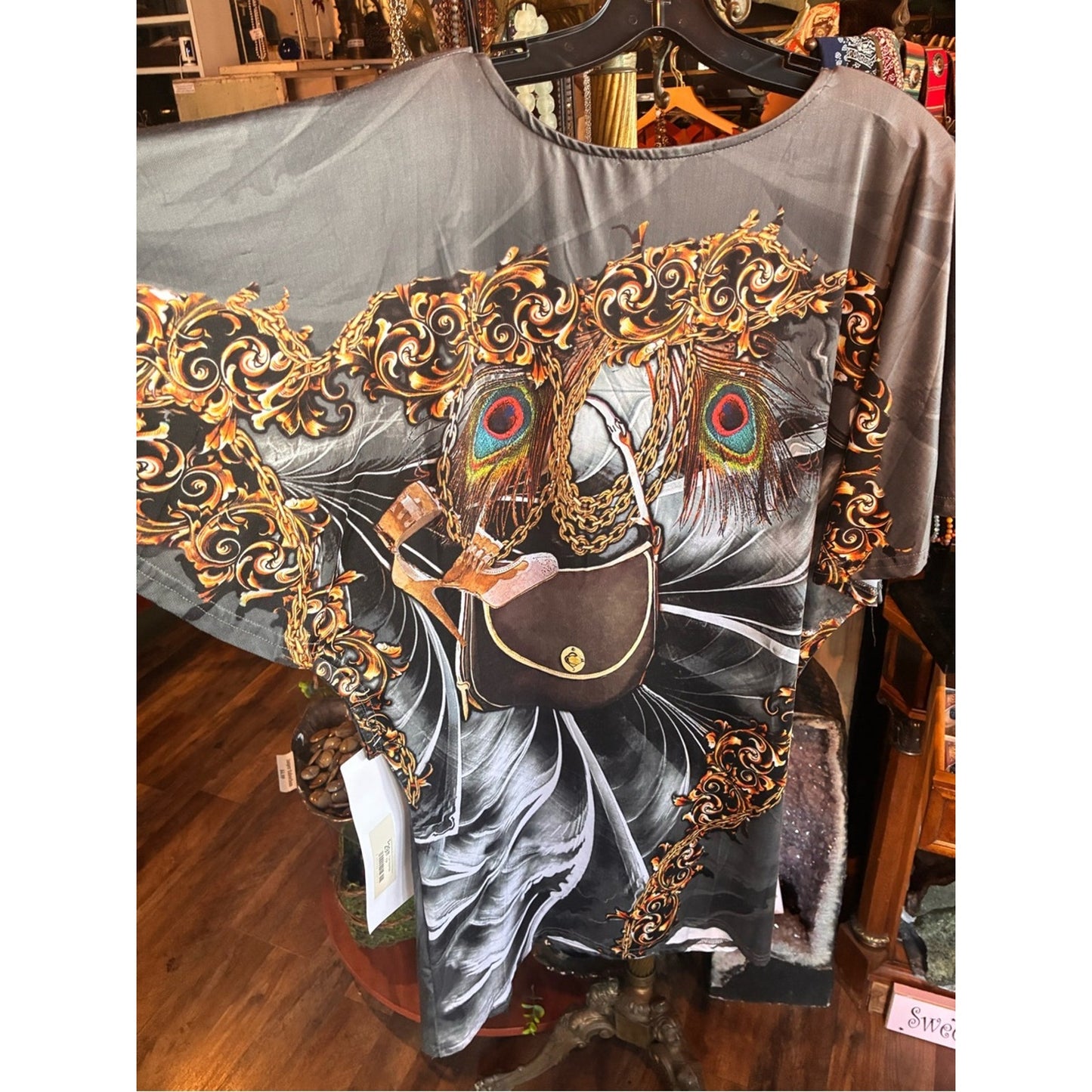 Mary McFadden Black Tunic with Gold and Orange Baroque Scrolls Peacock Feathers