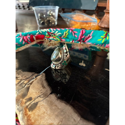 Bohemian Labradorite Statement Ring with Red & Green Accents