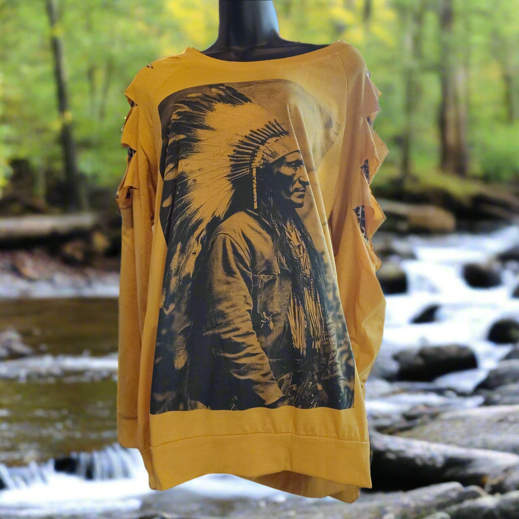 Vintage Native American Chief T-Shirt - Golden Yellow Historical Portrait