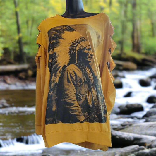 Vintage Native American Chief T-Shirt - Golden Yellow Historical Portrait