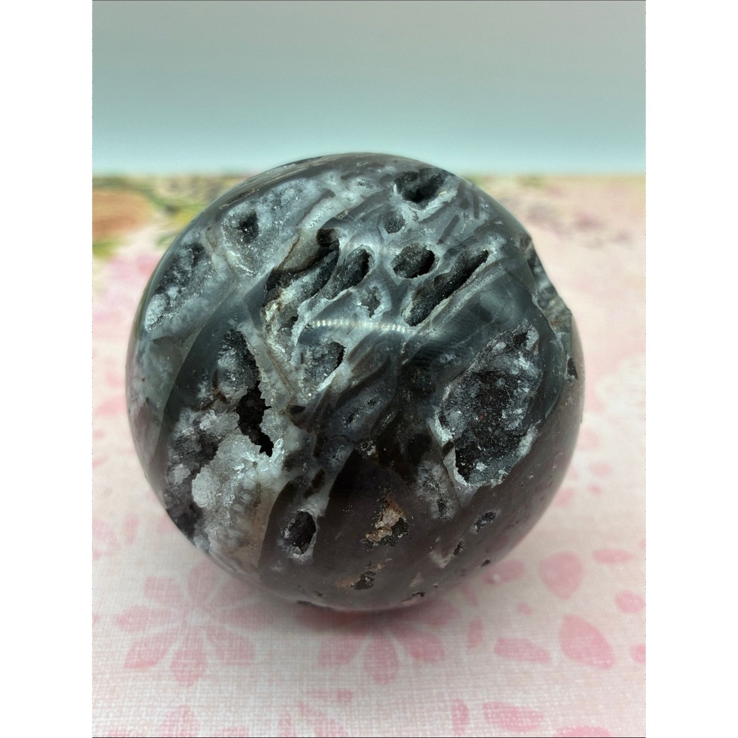 Polished Black and White Agate Crystal Sphere Rock