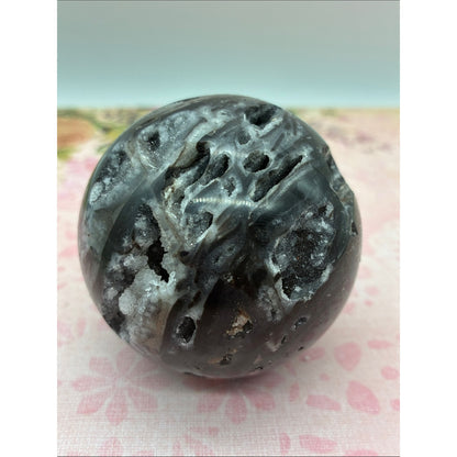 Polished Black and White Agate Crystal Sphere Rock