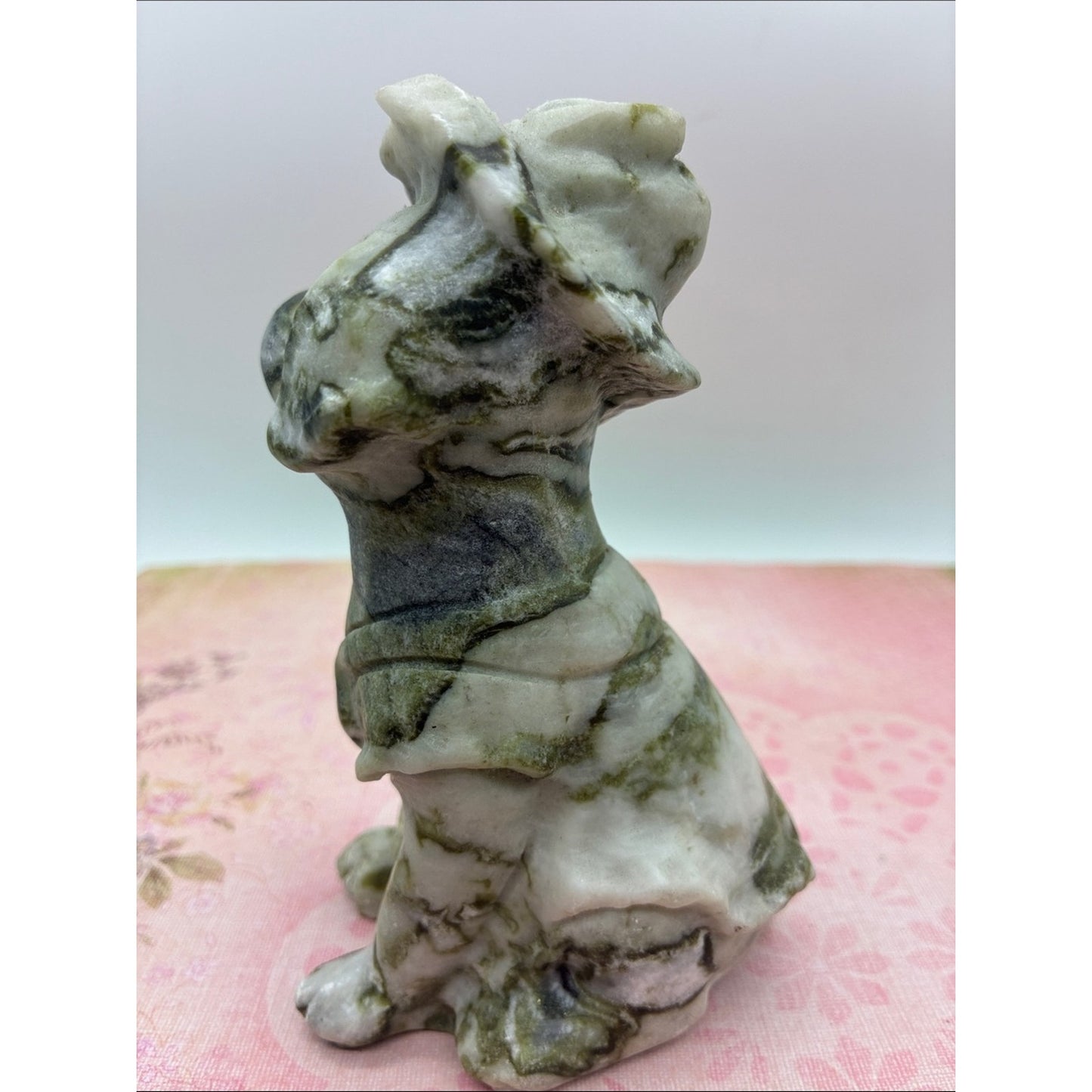 Marbled Green and White Jade Sitting Dog Figurine Rock
