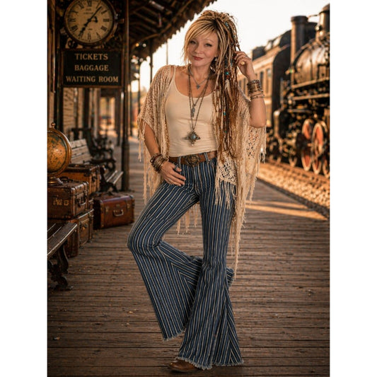 Lucky & Blessed Navy and White Striped Flare Pants