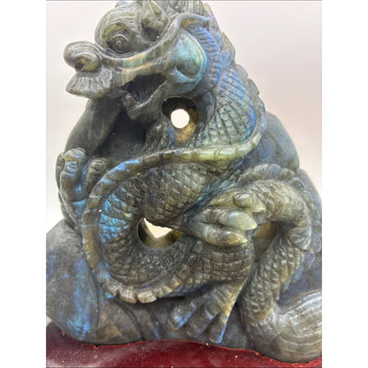 Labradorite Dragon Sculpture - Iridescent Blue-Green Stone Rock
