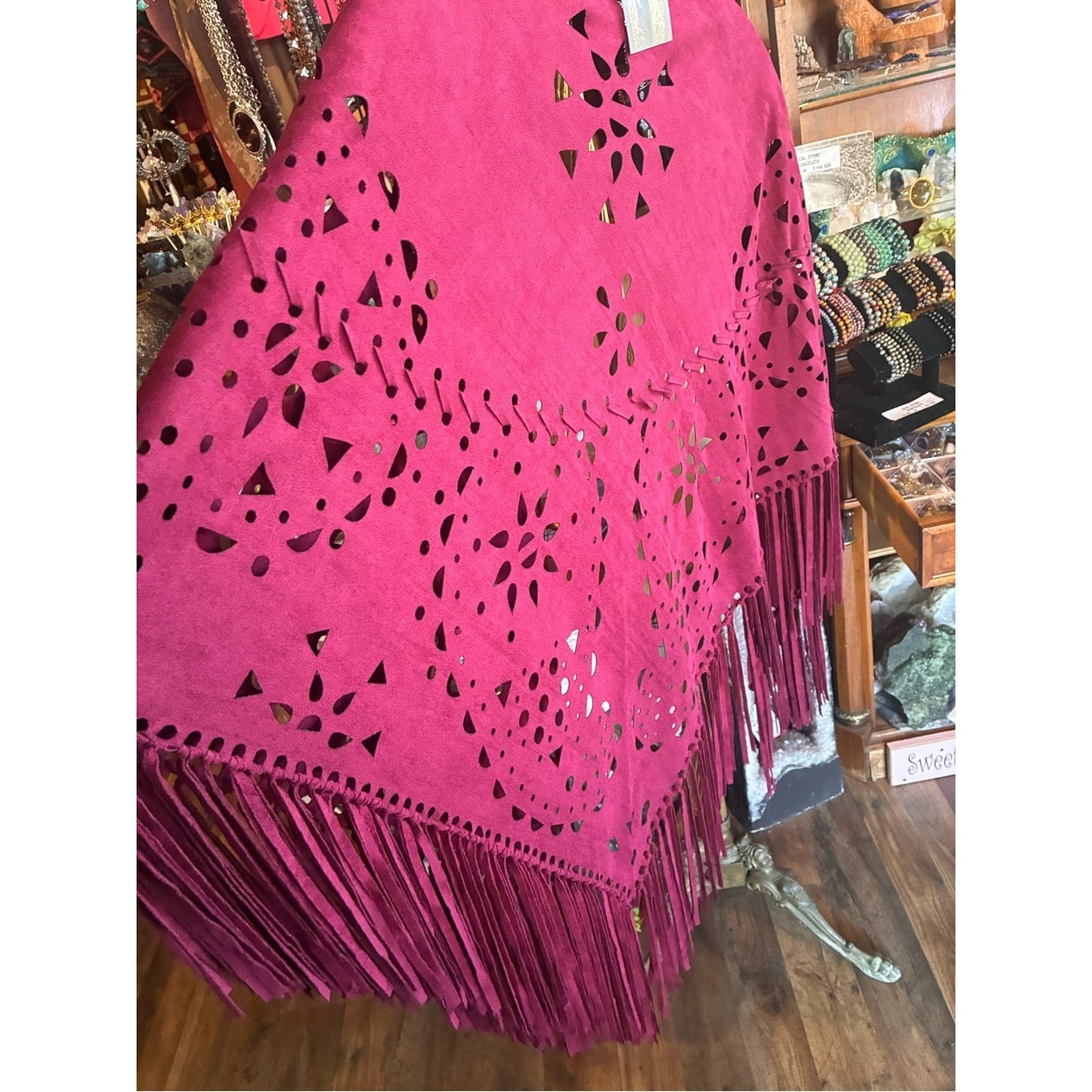 L&B Magenta Fringe Laser-Cut Poncho Sweater