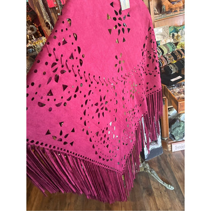 L&B Magenta Fringe Laser-Cut Poncho Sweater