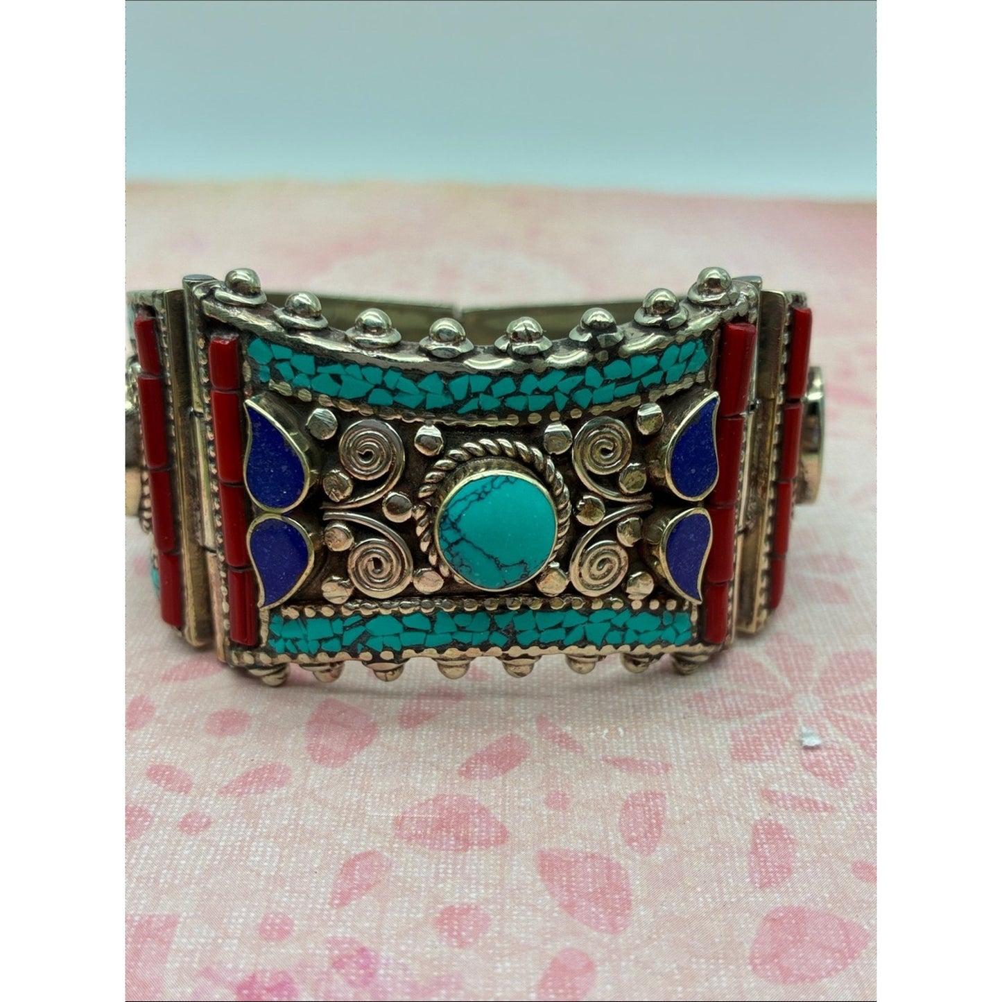 Turquoise, Red & Blue Inlay Statement Cuff Bracelet