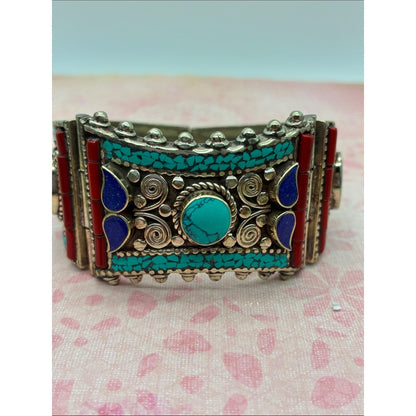 Turquoise, Red & Blue Inlay Statement Cuff Bracelet