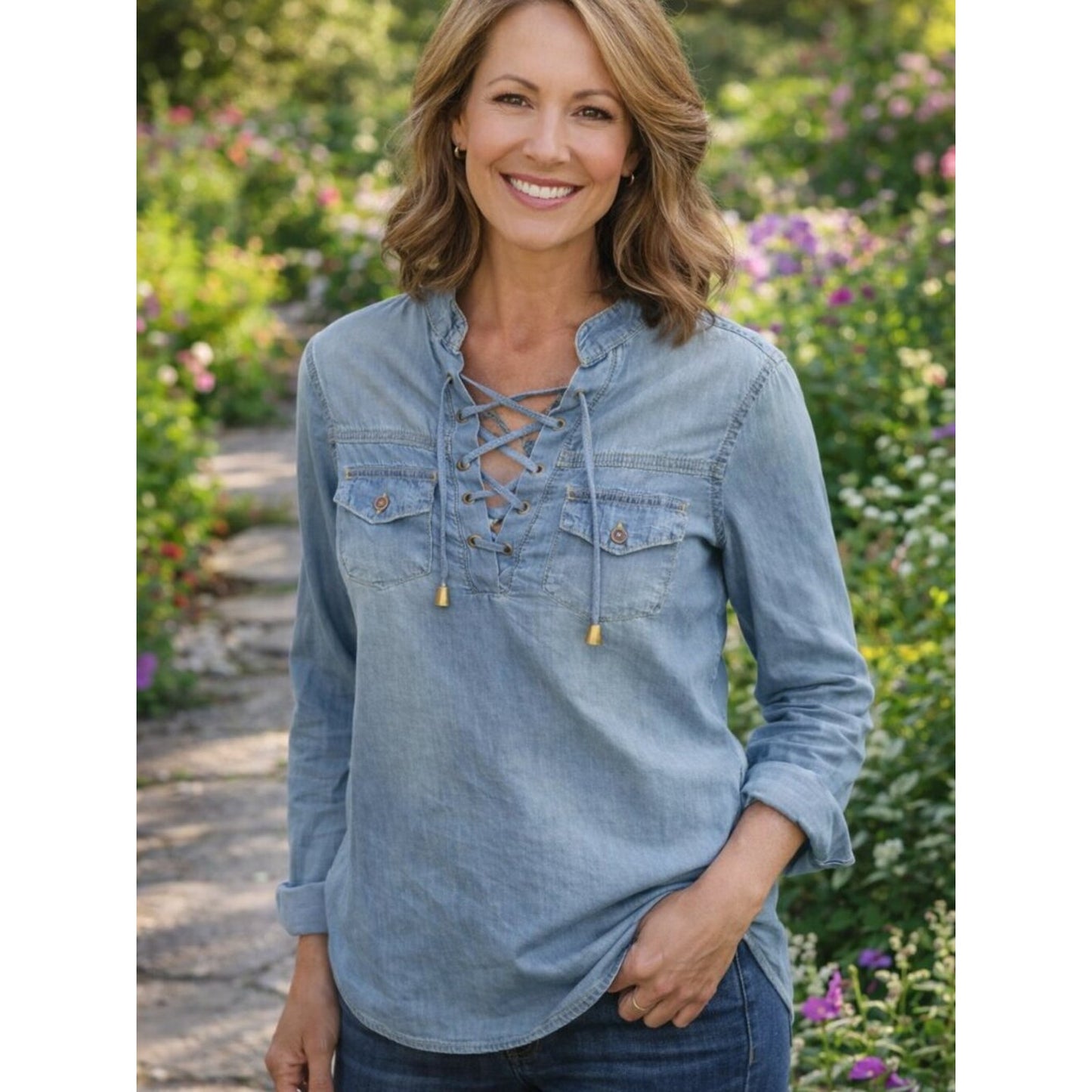 Lace-Up Light Denim Tunic Top