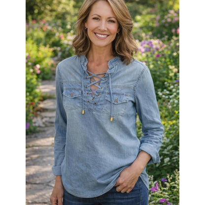 Lace-Up Light Denim Tunic Top