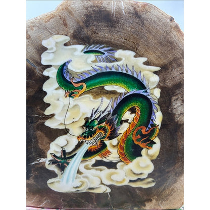 Green Chinese Dragon Decorative Petrified Wood Plaque Rock