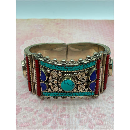 Turquoise, Red & Blue Inlay Statement Cuff Bracelet