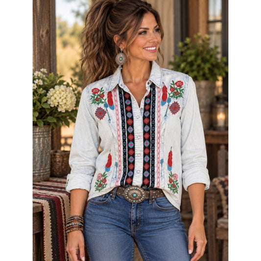 Embroidered Light Blue Button-Down Shirt with Tribal Stripe Detail