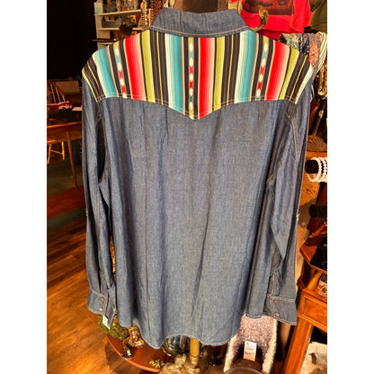L&B Blue Denim Shirt with Multicolor Striped Yoke