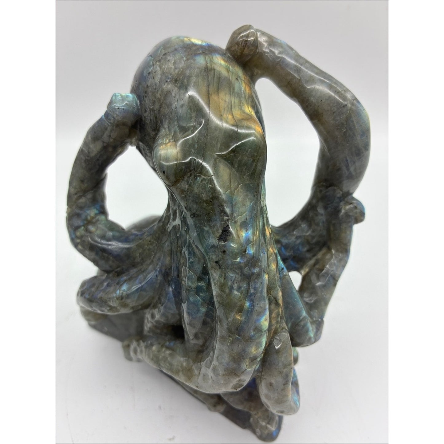 Hand-Carved Labradorite Octopus Sculpture - Iridescent Blue-Green ROCK