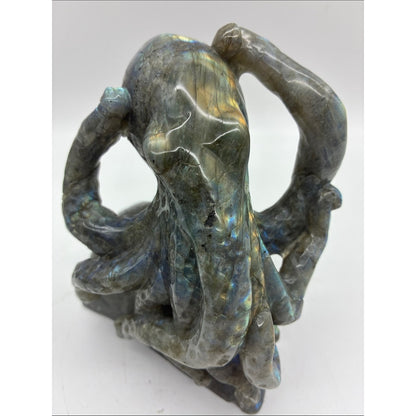 Hand-Carved Labradorite Octopus Sculpture - Iridescent Blue-Green ROCK